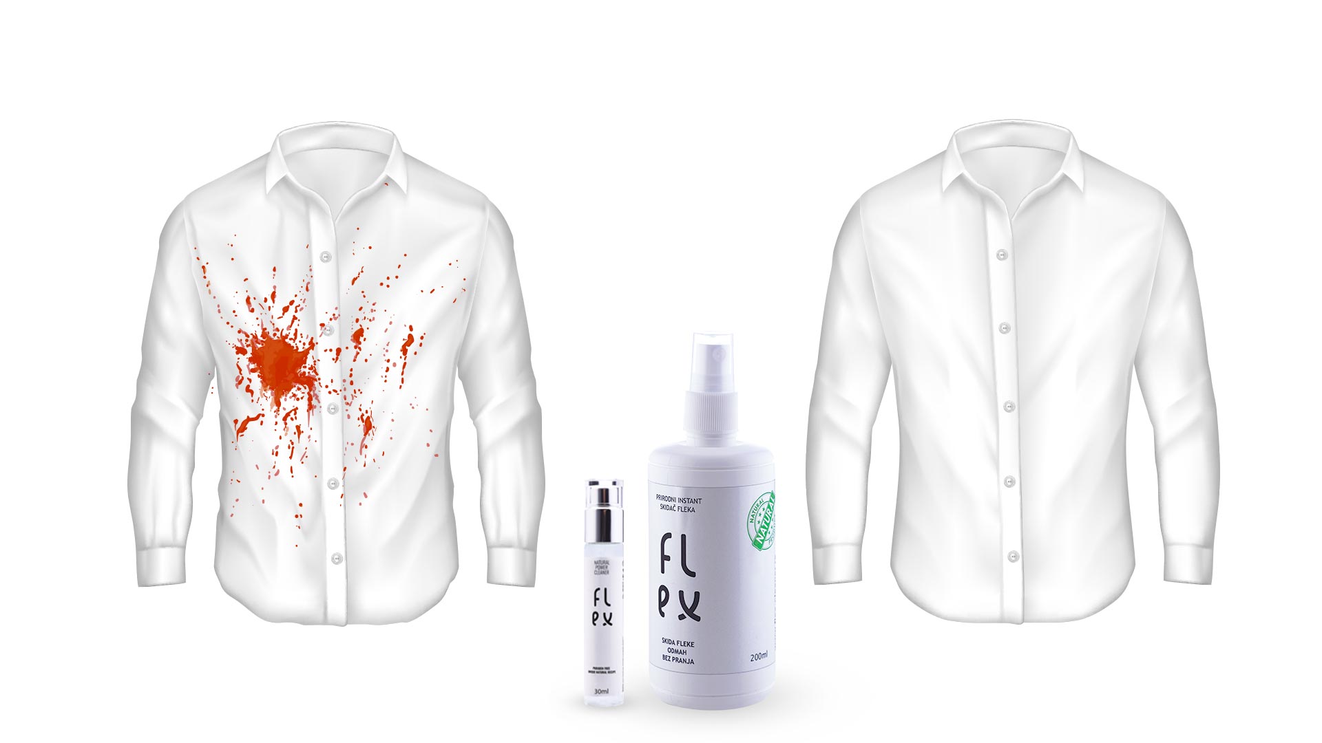 Flex Cleaner - Pre i posle Ilustracija isprljane košulje koja je sad kao nova posle flex cleaner-a
